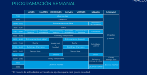Calendario del junior pádel camp.
