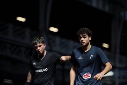 Fran Guerrero y Javi Leal durante el partido de 16avos en el London P1.